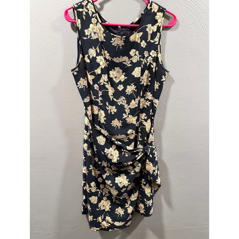 August Silk Dress Womens 10 Navy Blue Cream Floral 100% Silk Sleeveless Sheath